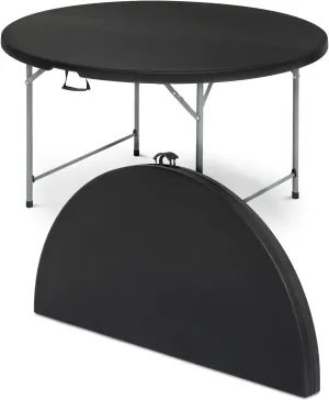 48 Inch Round Folding Table with Carry Handle, Portable Heavy Duty Plastic Utility Table with Steel Legs for Party, Wedding, Camping, Indoor, Outdoor Event, Black