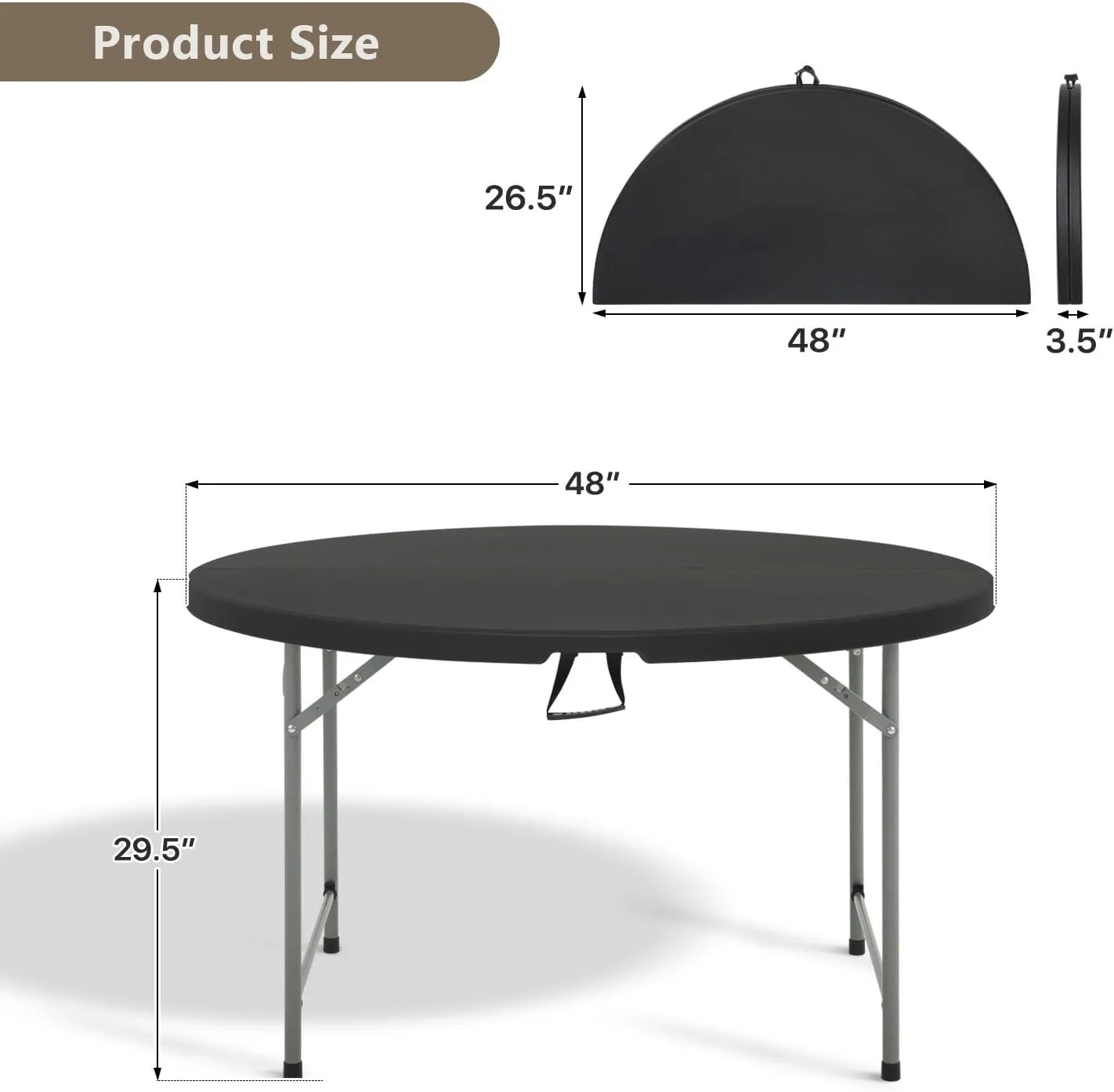 48 Inch Round Folding Table with Carry Handle, Portable Heavy Duty Plastic Utility Table with Steel Legs for Party, Wedding, Camping, Indoor, Outdoor Event, Black