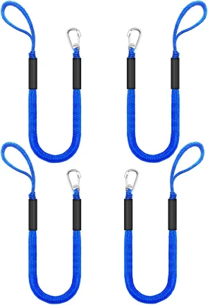 4ft Blue Bungee Dock Lines with Single Hook – High-Visibility Elastic Mooring Ropes for Boats, Jet Skis (Stretches to 5.5ft), Pack of 4