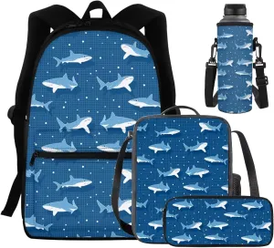 4PCS Blue Shark Print Backpack for Boys Girls Trendy School Backpack Sets with Lunch Box Pencil Case Water Bottle Holder Novelty Bookbag 4 in 1 Set for Teens Elementary School Students