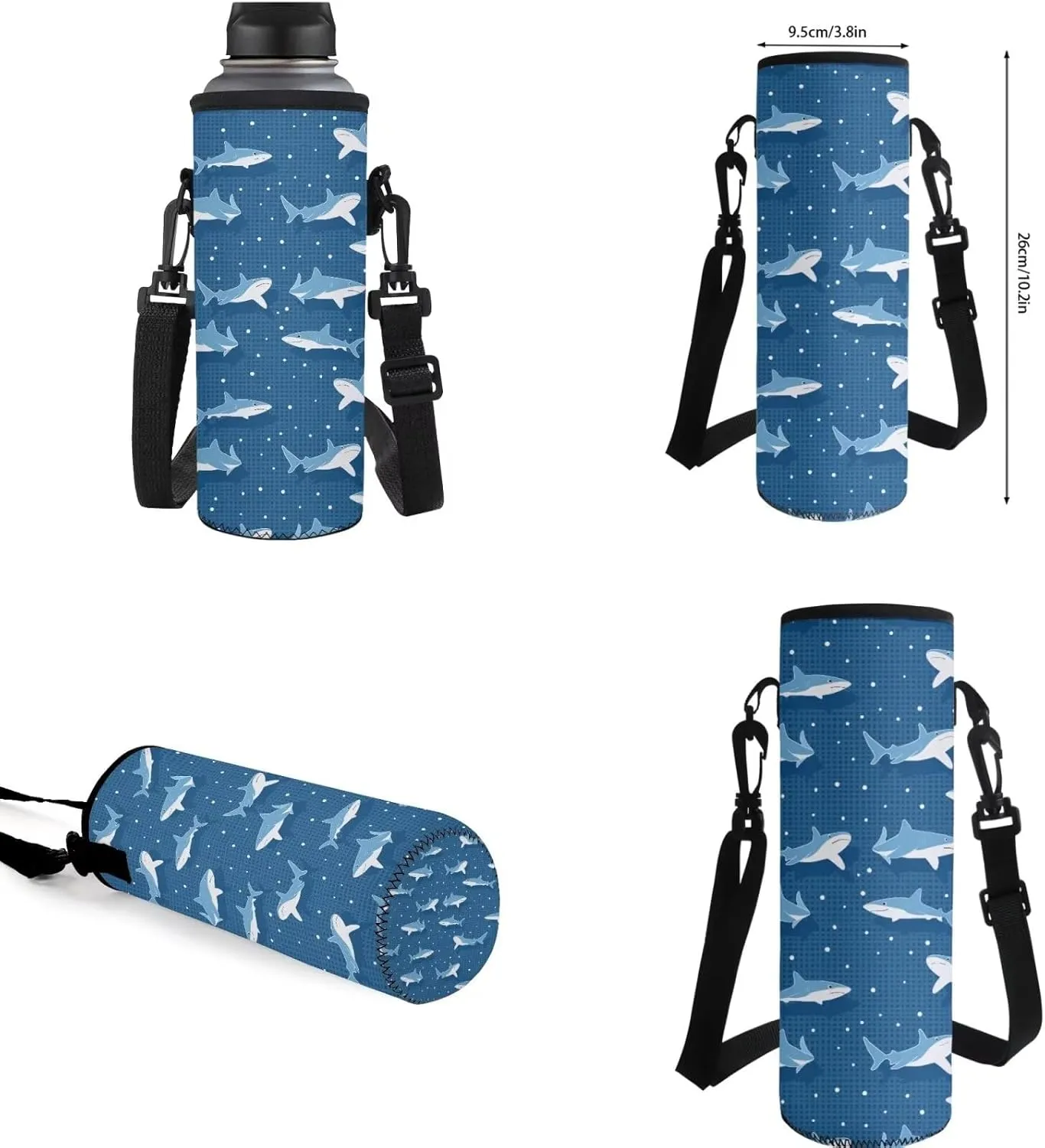 4PCS Blue Shark Print Backpack for Boys Girls Trendy School Backpack Sets with Lunch Box Pencil Case Water Bottle Holder Novelty Bookbag 4 in 1 Set for Teens Elementary School Students