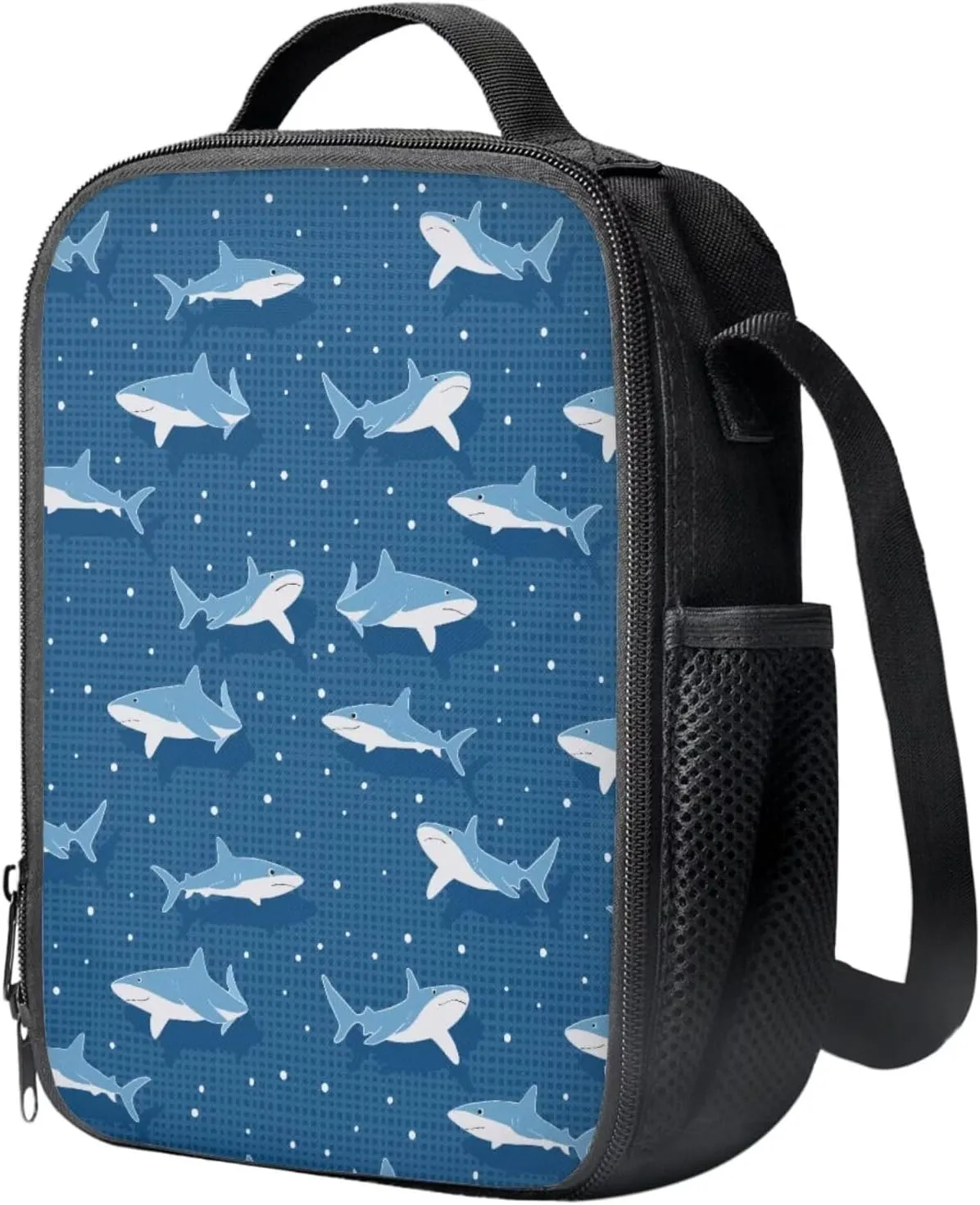 4PCS Blue Shark Print Backpack for Boys Girls Trendy School Backpack Sets with Lunch Box Pencil Case Water Bottle Holder Novelty Bookbag 4 in 1 Set for Teens Elementary School Students
