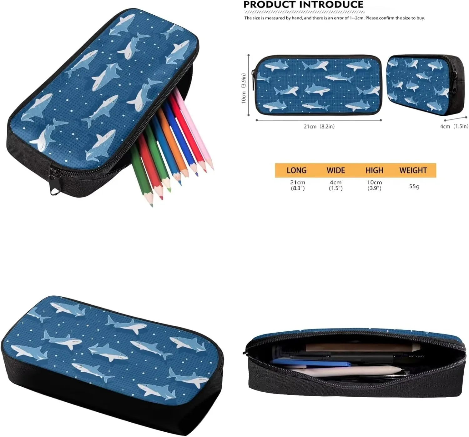 4PCS Blue Shark Print Backpack for Boys Girls Trendy School Backpack Sets with Lunch Box Pencil Case Water Bottle Holder Novelty Bookbag 4 in 1 Set for Teens Elementary School Students