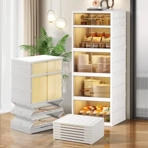5-Tier 5Grids Folding Storage Box with Doors Clear Plastic Collapsible Storage Bins with Lids Easy to Assemble Foldable Storage Cabinets with Wheels Large Stackable Closet Organizer