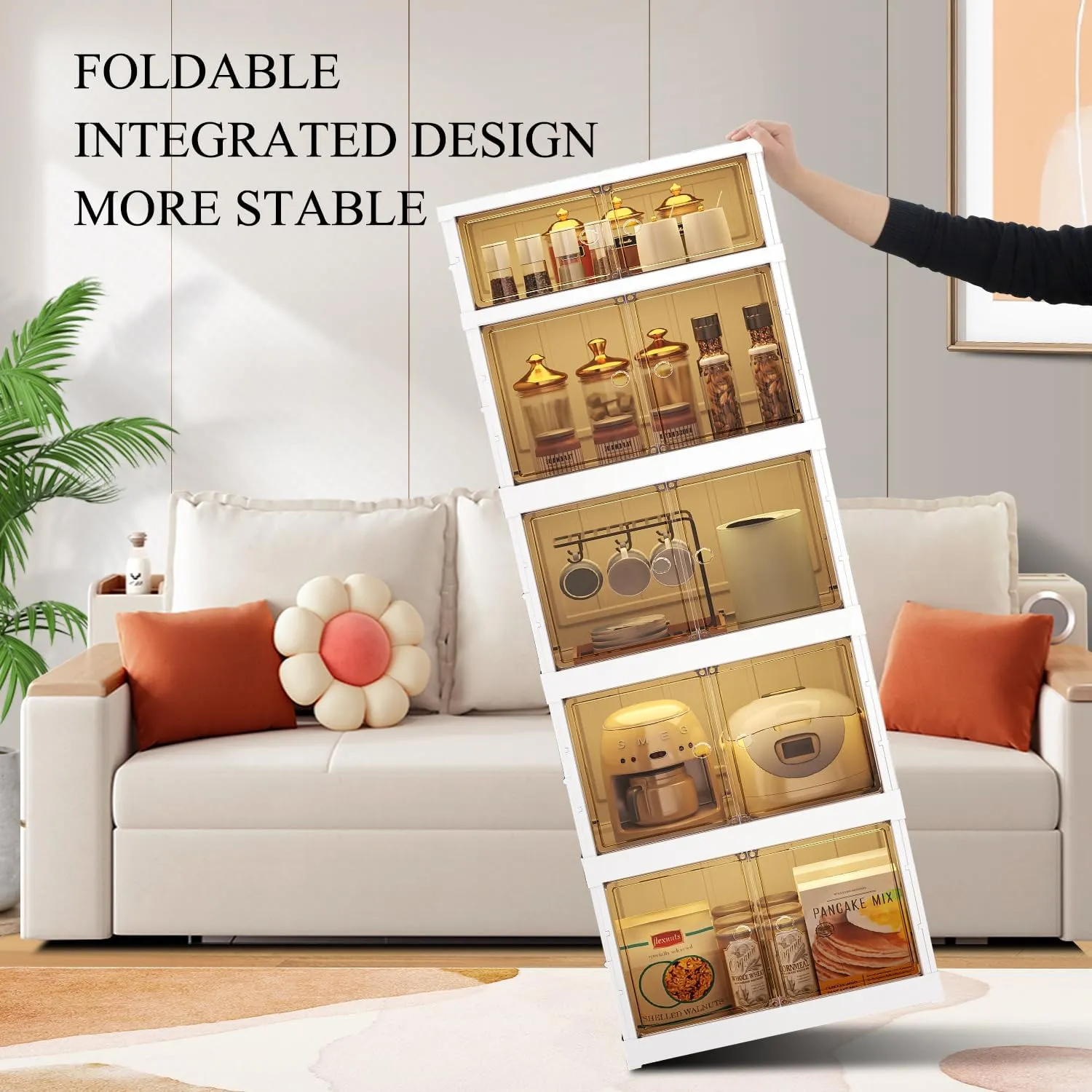 5-Tier 5Grids Folding Storage Box with Doors Clear Plastic Collapsible Storage Bins with Lids Easy to Assemble Foldable Storage Cabinets with Wheels Large Stackable Closet Organizer