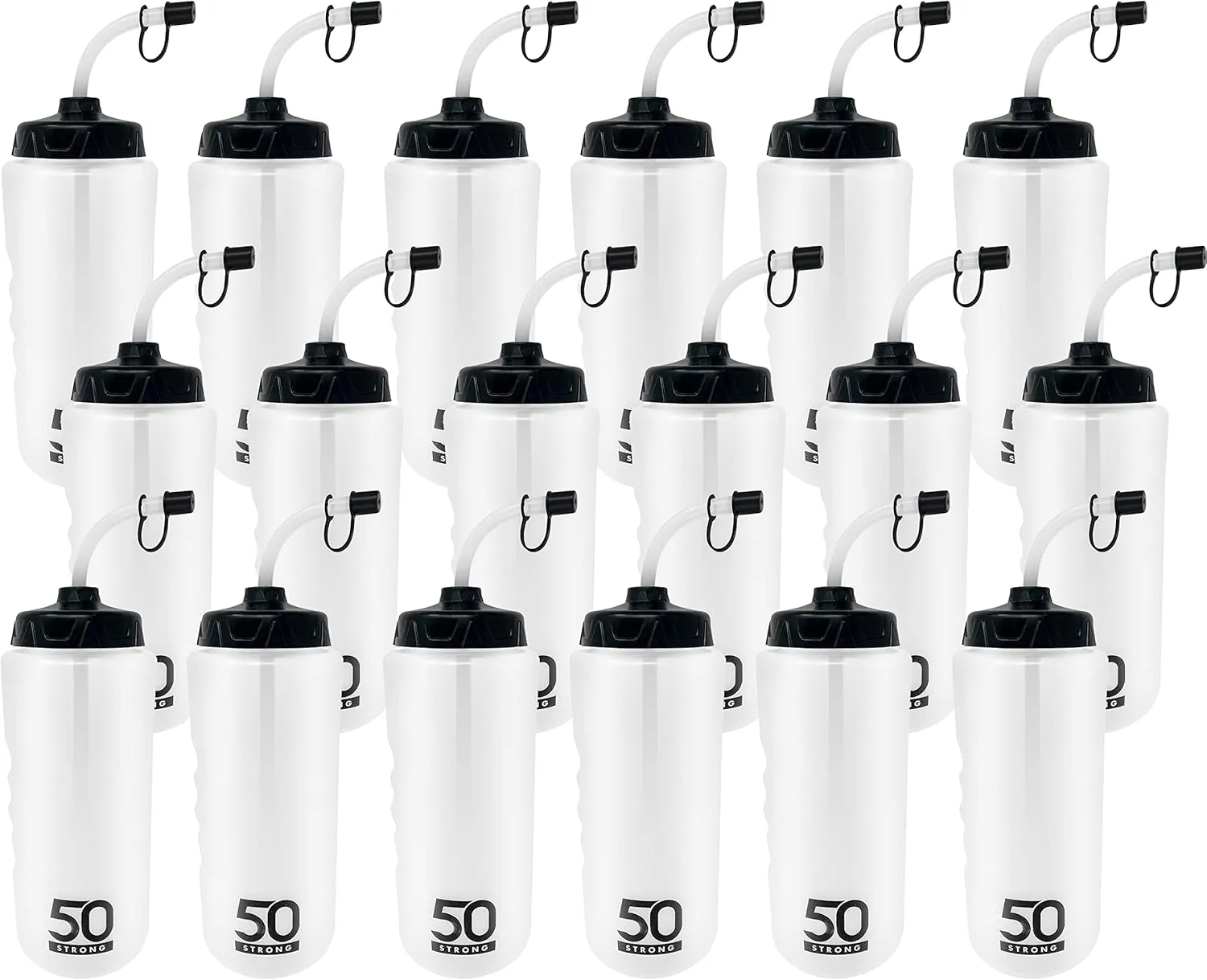 50 Strong 1 Liter Water Bottle with Straw – 18-Pack Easy-Squeeze Sports Bottles with Long Straw & Built-In Finger Grip – BPA-Free & Made in USA – Ideal for Hockey & Team Sports