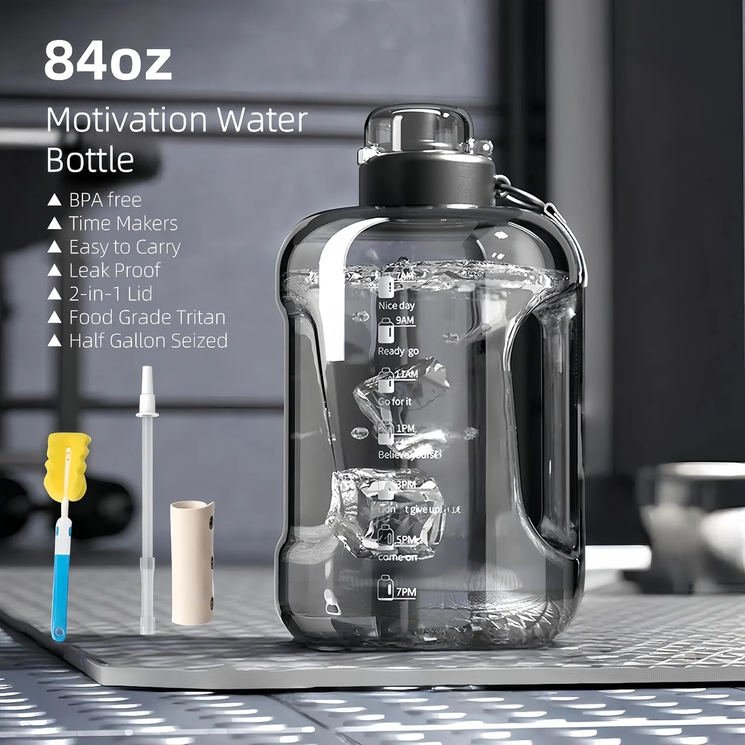 50oz & 84oz Motivational Water Bottle - Time-Marked, Leak Proof & BPA free. 2-in-1 Lid with Straw, Food-Grade Tritan. Half Gallon Sized, Ideal for Gym, Fitness & Outdoor Activities (84oz, Grey)