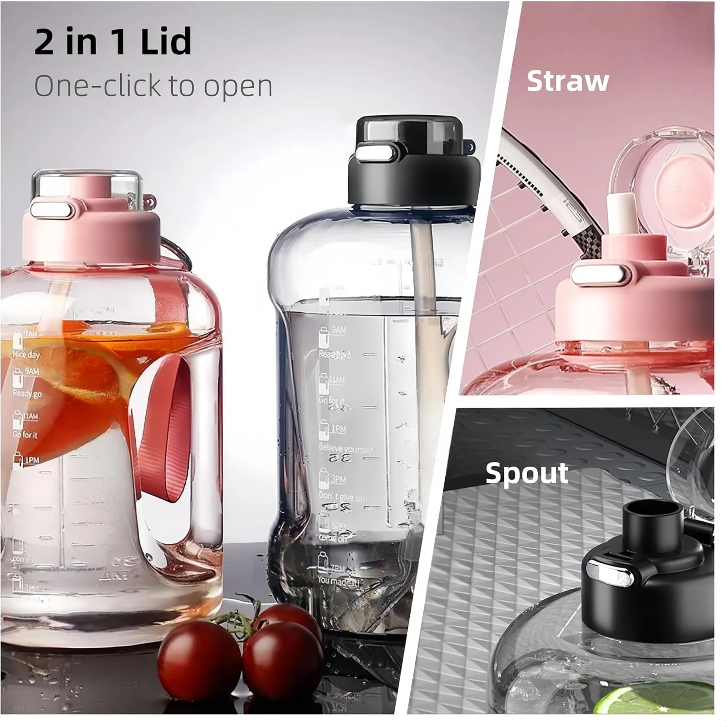 50oz & 84oz Motivational Water Bottle - Time-Marked, Leak Proof & BPA free. 2-in-1 Lid with Straw, Food-Grade Tritan. Half Gallon Sized, Ideal for Gym, Fitness & Outdoor Activities (84oz, Grey)
