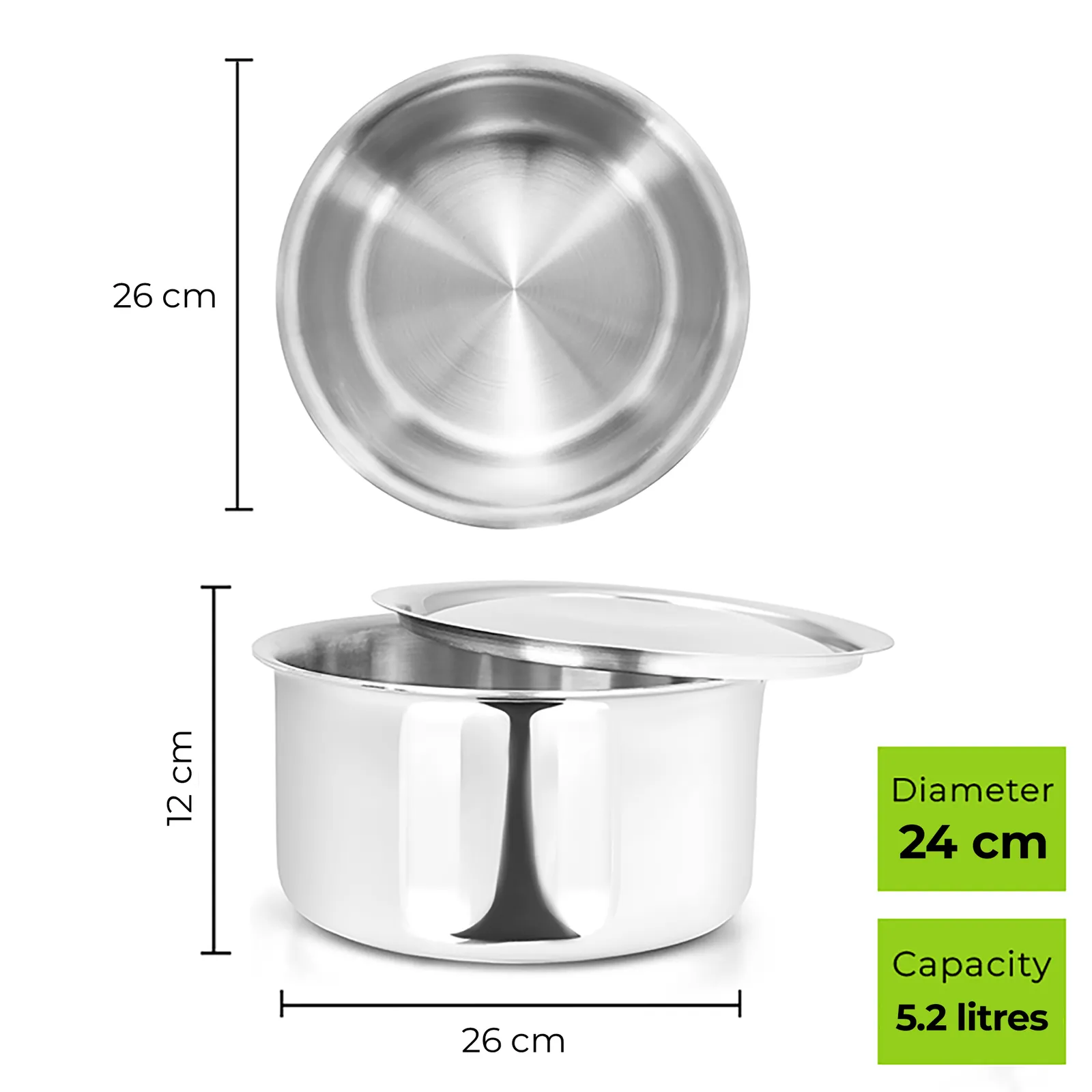 5.2L Allo CookSafe TriPly Tope | Stainless Steel | With Stainless Steel Lid | Induction Friendly |24cm