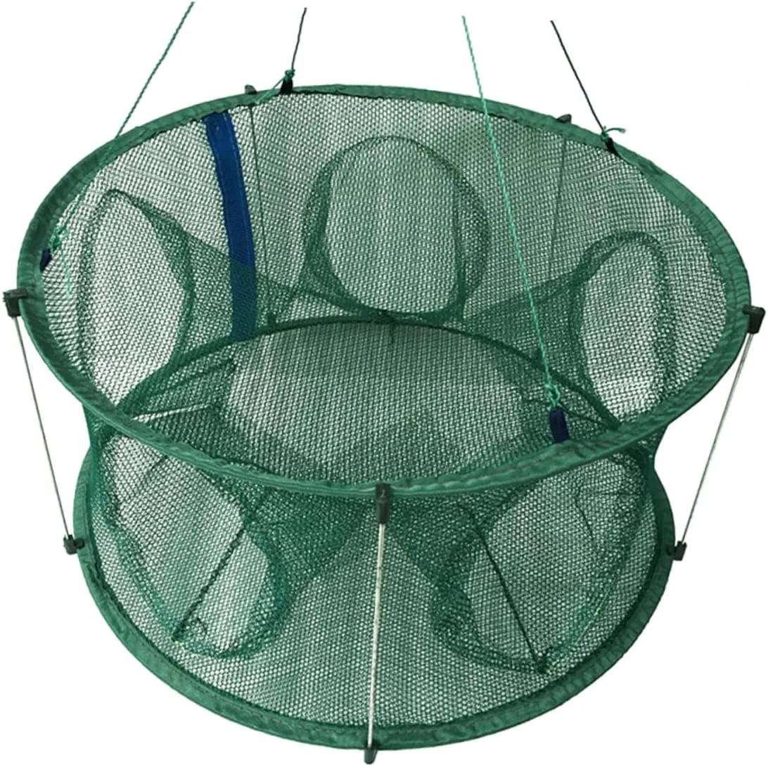 5Holes Automatic Foldable Mesh Net for Fishing Portable Shrimp Cage Tool Green Struts Durable Multi Strand Quick Access Zipper for Freshwater
