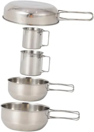5Pcs Stainless Steel Camping Tableware Set Outdoor Cooking Tool with Pot and Cups Portable Picnic Cutlery for Hiking and Outdoor Activities