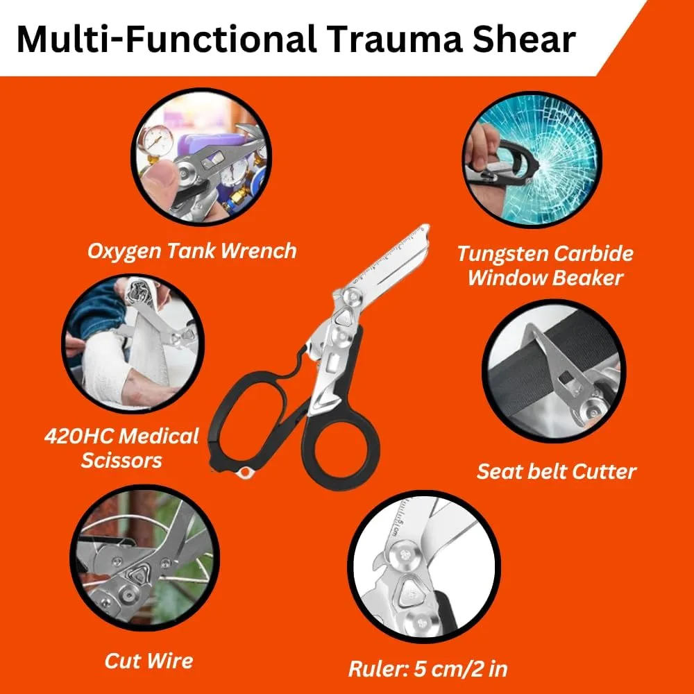 6 in 1 Multifunctional Trauma Shears Foldable with Strap Cutter | Heavy Duty Stainless Steel Emergency Response Shears | Survival Shears With Holster | Medical Trauma shears Tactical | Black