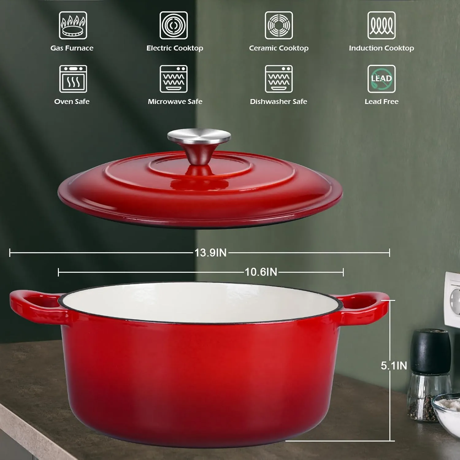 6 Quart Dutch Oven with Lid, Leonyo 6QT Enameled Cast Iron Dutch Oven for Sourdough Bread Baking, Heavy Duty Cookware for Braising, Stews, Roasting, Red