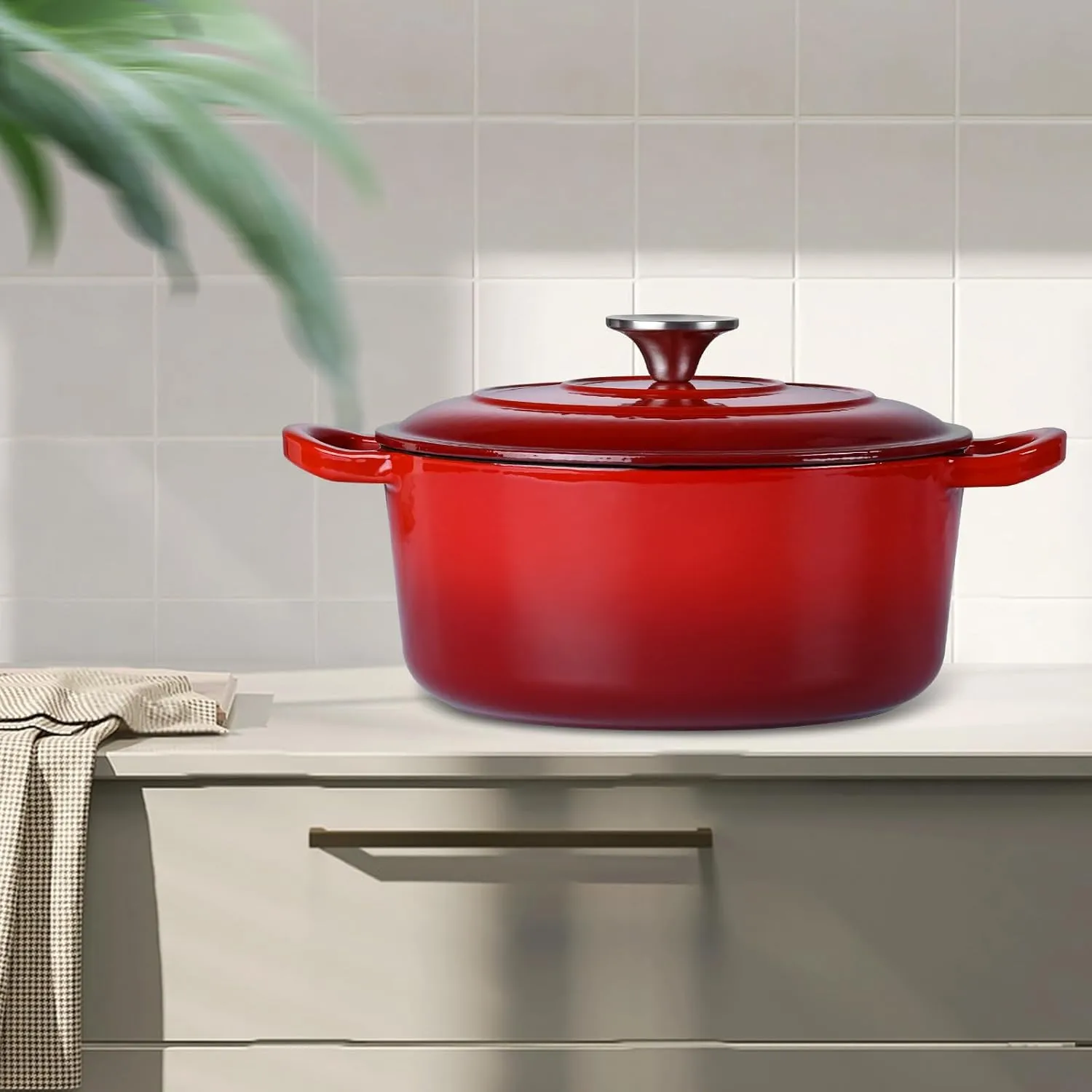 6 Quart Dutch Oven with Lid, Leonyo 6QT Enameled Cast Iron Dutch Oven for Sourdough Bread Baking, Heavy Duty Cookware for Braising, Stews, Roasting, Red
