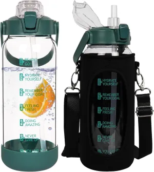 64 oz Glass Water Bottle with Straw and Time Marker, Half Gallon Large Motivational Borosilicate Glass Drinking Bottle with Silicone Boot and Sleeve