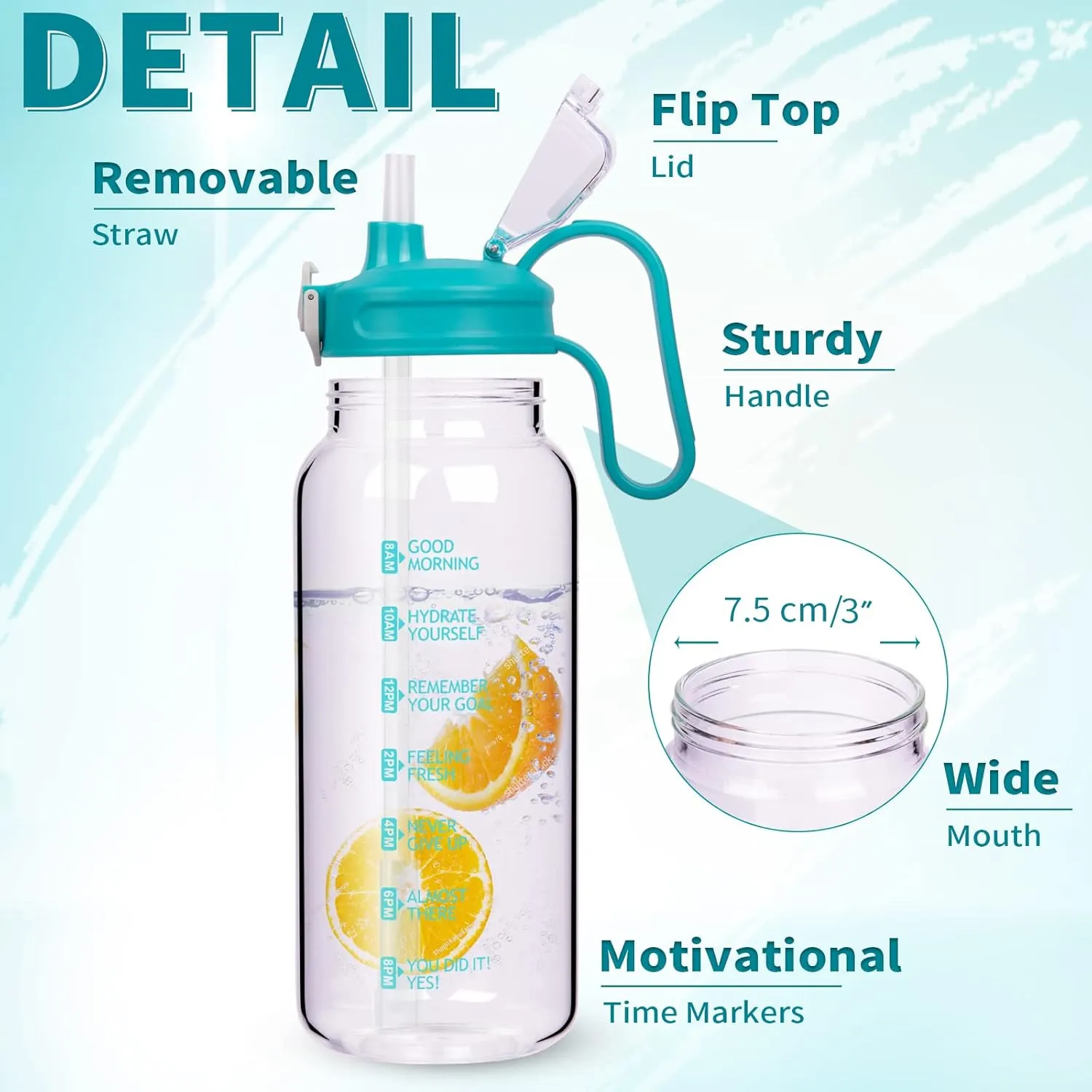 64 oz Motivational Glass Water Bottle with Straw & Time Marker Half Gallon Large Reusable Water Jug BPA-free Borosilicate Drinking Bottle with Flip Top & Sleeve for Infused Water Wide Mouth