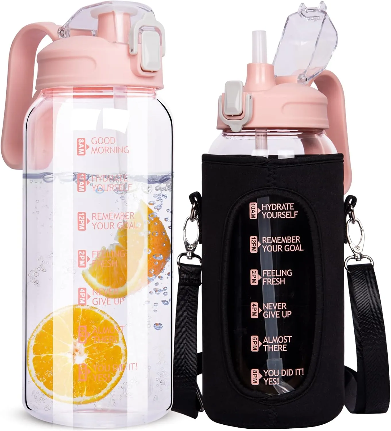 64 oz Motivational Glass Water Bottle with Straw & Time Marker Half Gallon Large Reusable Water Jug BPA-free Borosilicate Drinking Bottle with Flip Top & Sleeve for Infused Water Wide Mouth