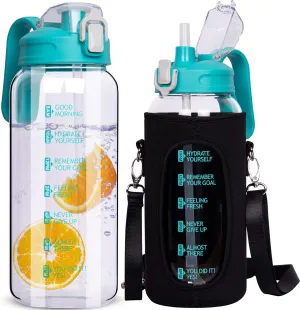 64 oz Motivational Glass Water Bottle with Straw & Time Marker Half Gallon Large Reusable Water Jug BPA-free Borosilicate Drinking Bottle with Flip Top & Sleeve for Infused Water Wide Mouth
