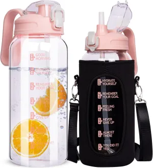 64 oz Motivational Glass Water Bottle with Straw & Time Marker Half Gallon Large Reusable Water Jug BPA-free Borosilicate Drinking Bottle with Flip Top & Sleeve for Infused Water Wide Mouth