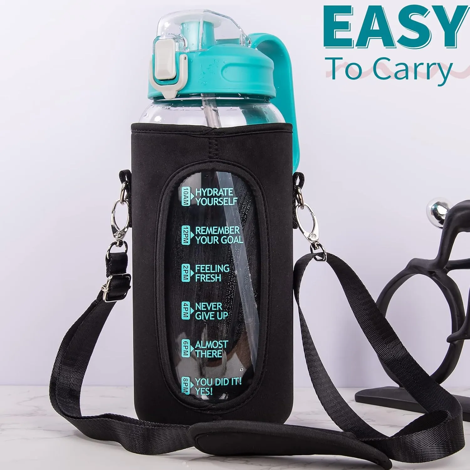 64 oz Motivational Glass Water Bottle with Straw & Time Marker Half Gallon Large Reusable Water Jug BPA-free Borosilicate Drinking Bottle with Flip Top & Sleeve for Infused Water Wide Mouth