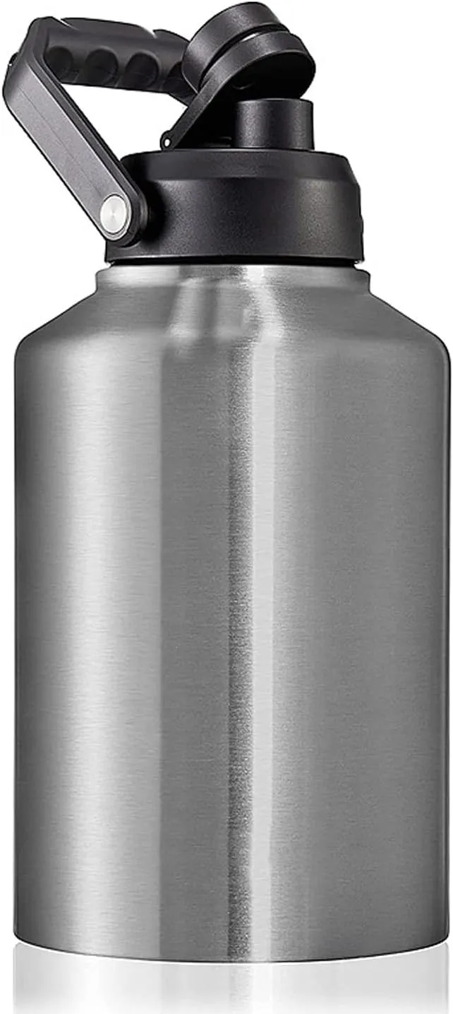 64oz 128oz Wide Mouth Insulated Vacuum Water Bottle Jug With Handle, Gallon Stainless Steel Ice Bucket Travel Mug Large Sports Canteen (Stainless steel, 128oz)