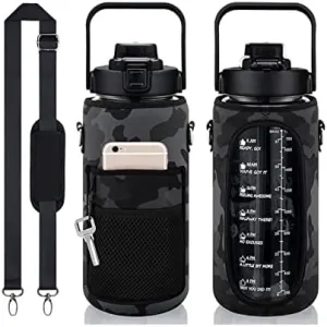 64oz, 2L, Half Gallon Bottle MultiColor BPA-Free Gym Fitness Sports Motivational Water Bottles with Time Marker! (With Camo storage bag)