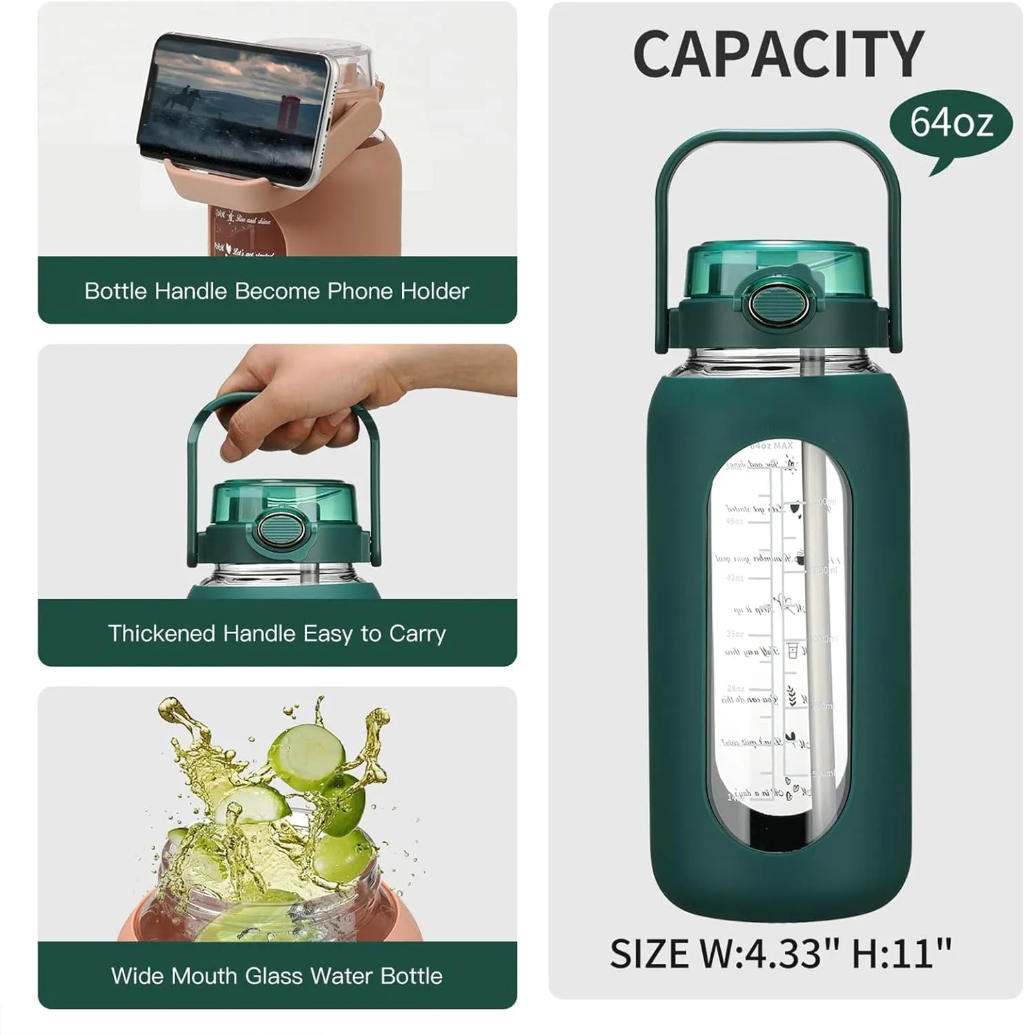 64oz Glass Water Bolttles with Straw Half Gallon Large Motivational Water Bottle with Time Marker Sports Water Bottles with Silicone Sleeve and Handle Lid Water Jug for Gym Workout