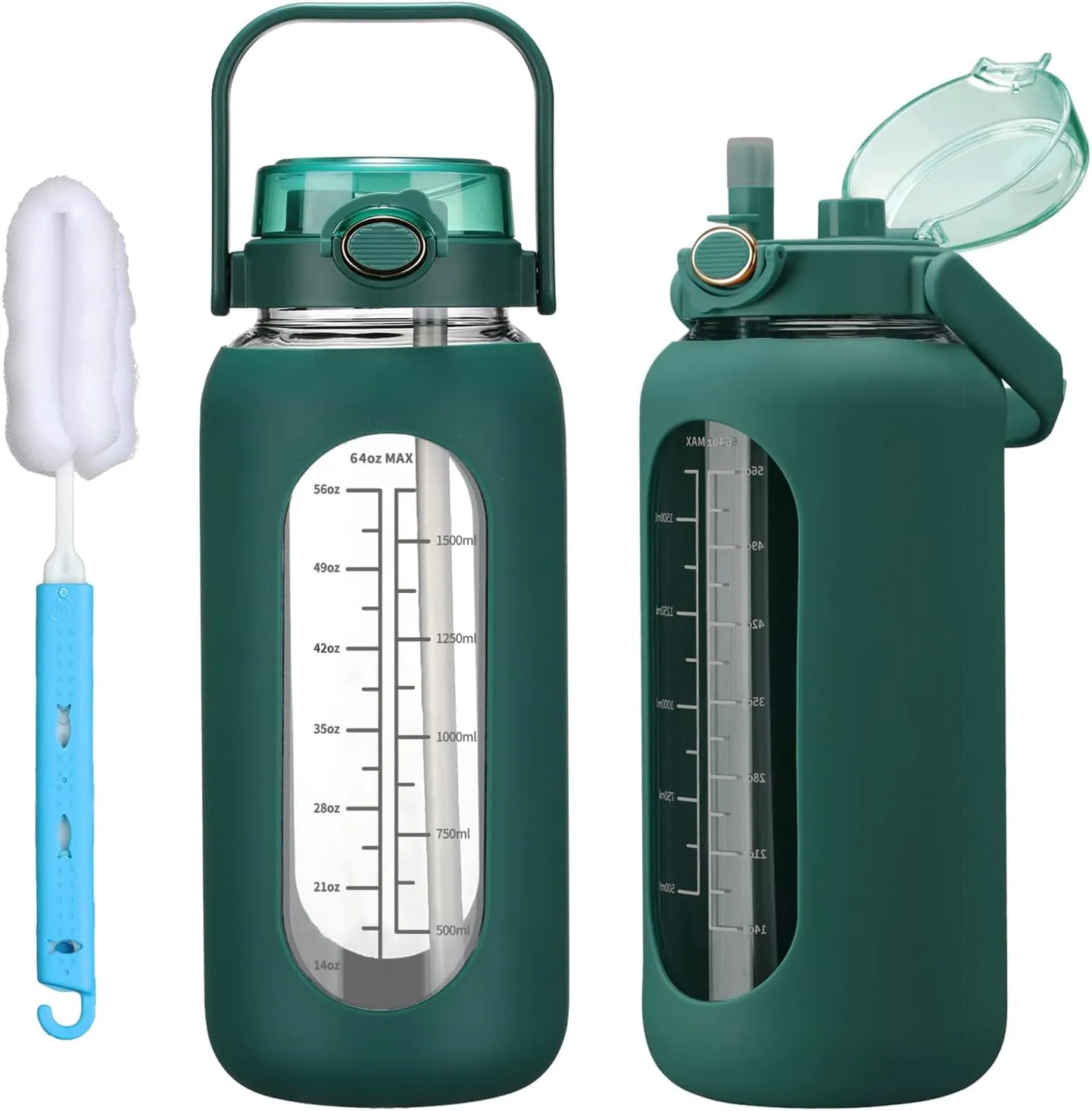 64oz Glass Water Bolttles with Straw Half Gallon Large Motivational Water Bottle with Time Marker Sports Water Bottles with Silicone Sleeve and Handle Lid Water Jug for Gym Workout