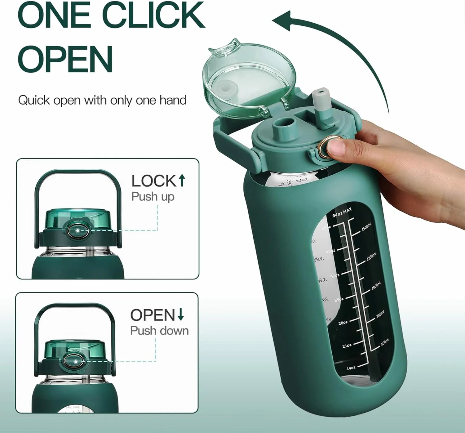 64oz Glass Water Bolttles with Straw Half Gallon Large Motivational Water Bottle with Time Marker Sports Water Bottles with Silicone Sleeve and Handle Lid Water Jug for Gym Workout