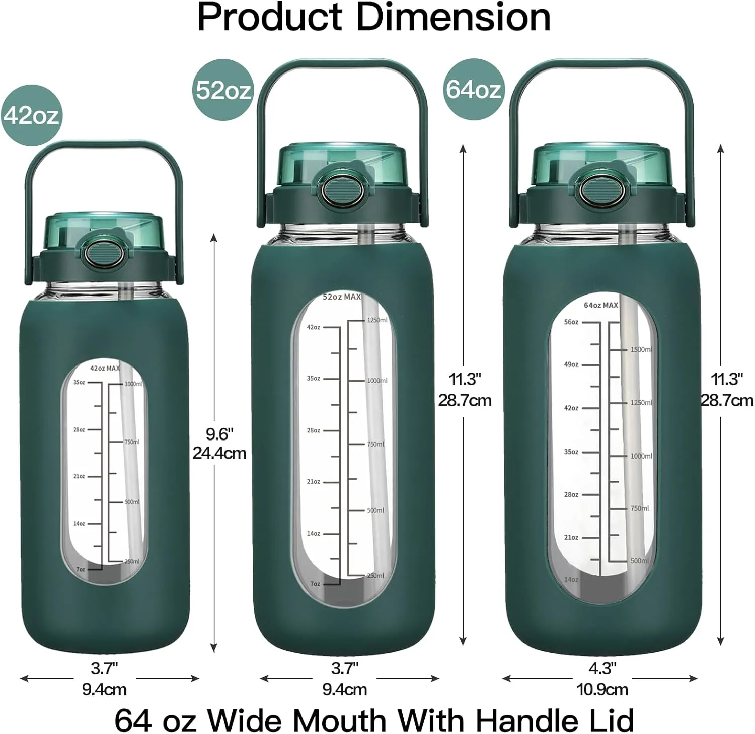 64oz Glass Water Bolttles with Straw Half Gallon Large Motivational Water Bottle with Time Marker Sports Water Bottles with Silicone Sleeve and Handle Lid Water Jug for Gym Workout