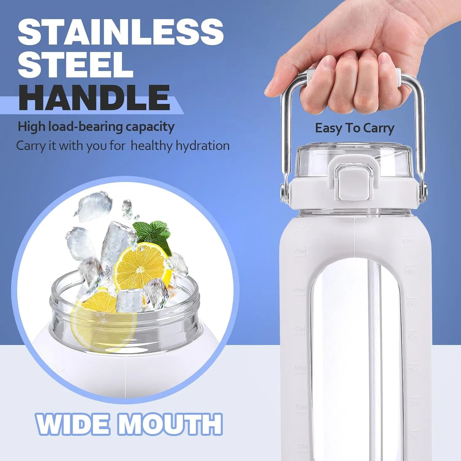 64oz Glass Water Bottle, Glass Drinking Water Bottle with Straw and Stainless Steel Handle, Half Gallon Motivational Water Bottle with Silicone Sleeve and Time Marker, Water Jug White