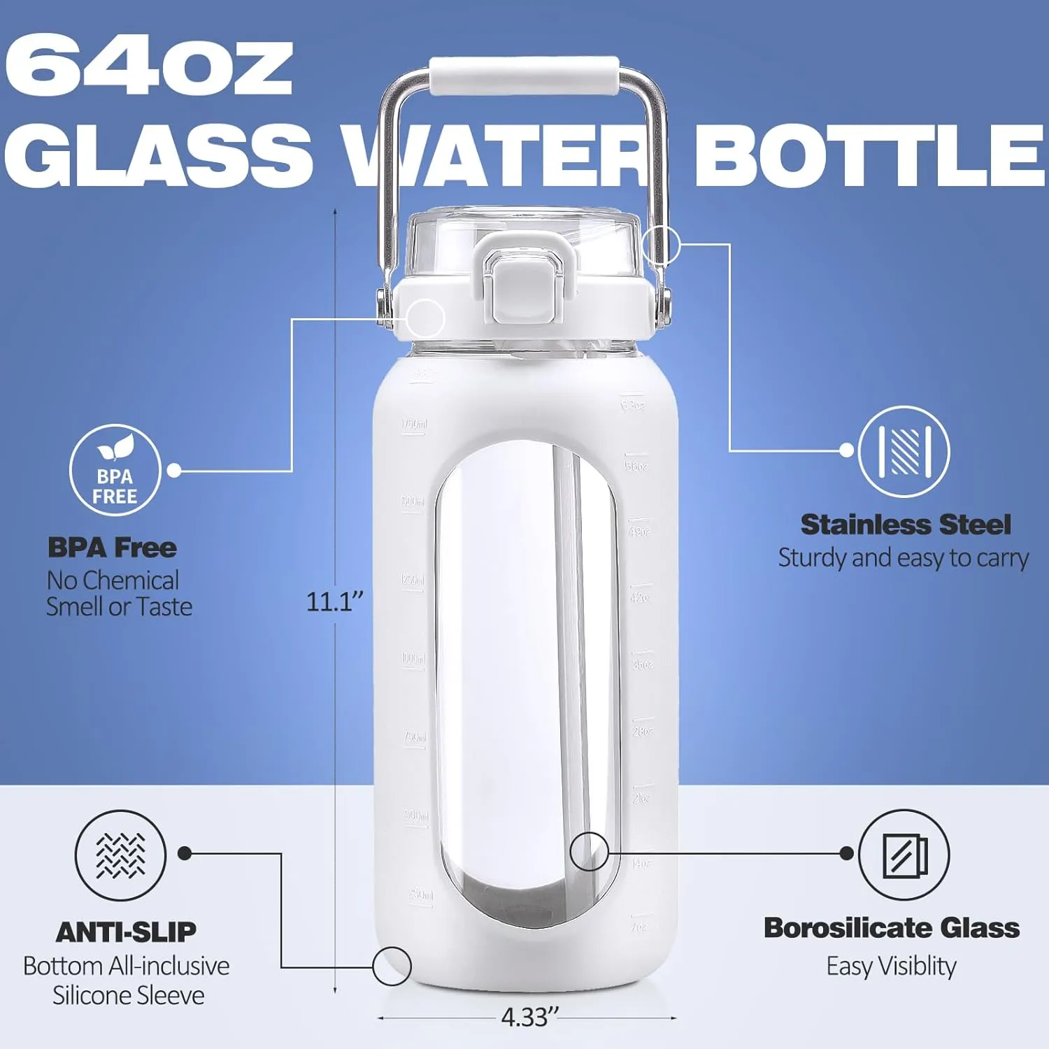 64oz Glass Water Bottle, Glass Drinking Water Bottle with Straw and Stainless Steel Handle, Half Gallon Motivational Water Bottle with Silicone Sleeve and Time Marker, Water Jug White