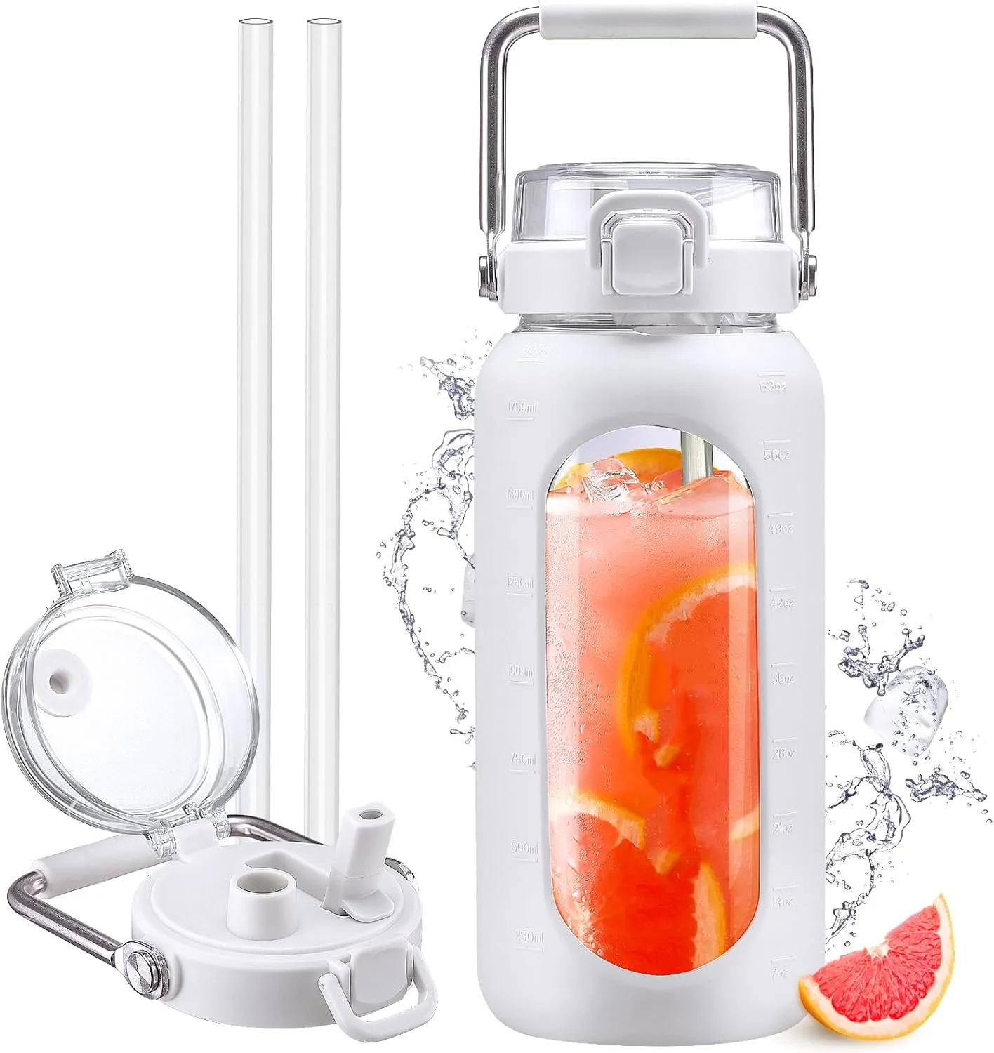 64oz Glass Water Bottle, Glass Drinking Water Bottle with Straw and Stainless Steel Handle, Half Gallon Motivational Water Bottle with Silicone Sleeve and Time Marker, Water Jug White