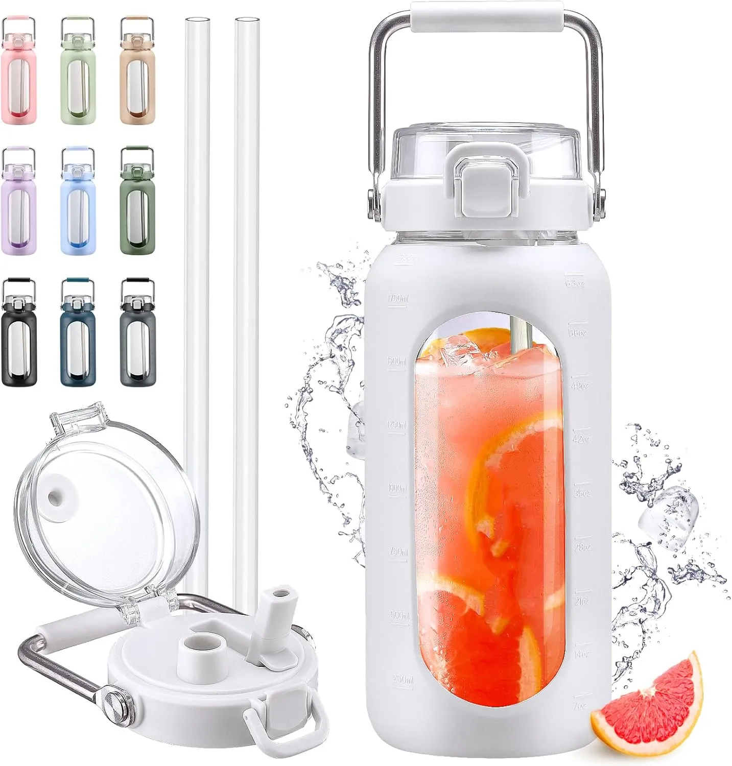 64oz Glass Water Bottle, Glass Drinking Water Bottle with Straw and Stainless Steel Handle, Half Gallon Motivational Water Bottle with Silicone Sleeve and Time Marker, Water Jug White
