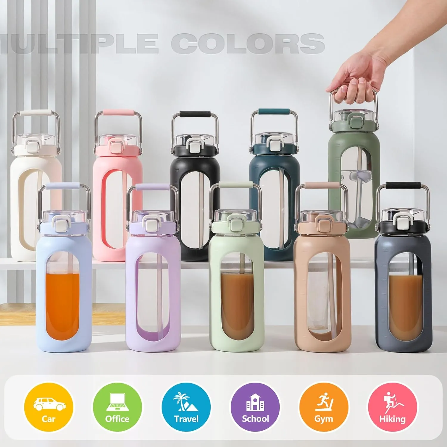 64oz Glass Water Bottle, Glass Drinking Water Bottle with Straw and Stainless Steel Handle, Half Gallon Motivational Water Bottle with Silicone Sleeve and Time Marker, Water Jug White