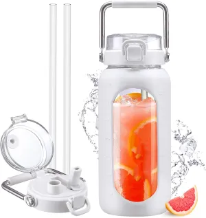 64oz Glass Water Bottle, Glass Drinking Water Bottle with Straw and Stainless Steel Handle, Half Gallon Motivational Water Bottle with Silicone Sleeve and Time Marker, Water Jug White