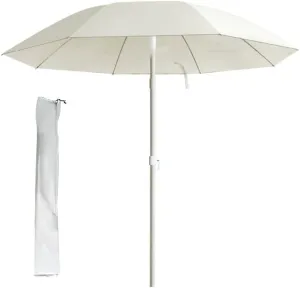 6.5' Round White Patio Umbrellas, Outdoor Beach Parasol With Tilt Steel Pole, Portable Garden Umbrella With Carry Bag, Height Adjustment