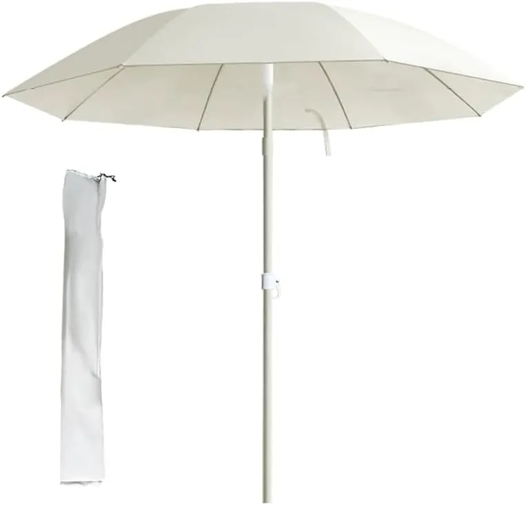 6.5' Round White Patio Umbrellas, Outdoor Beach Parasol With Tilt Steel Pole, Portable Garden Umbrella With Carry Bag, Height Adjustment