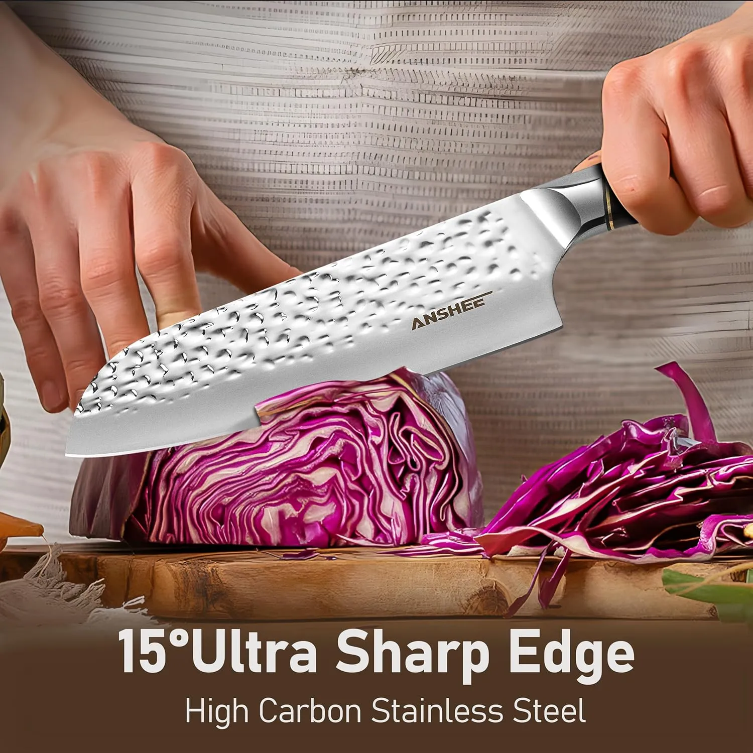 7 Inch Japanese Santoku Knife with Sheath Gift Box - Hammered Finish High-Carbon Stainless Steel Precision Chef Knife with Wood Handle, Multipurpose Kitchen Knife for Slicing Meat, Vegetables, Fruits