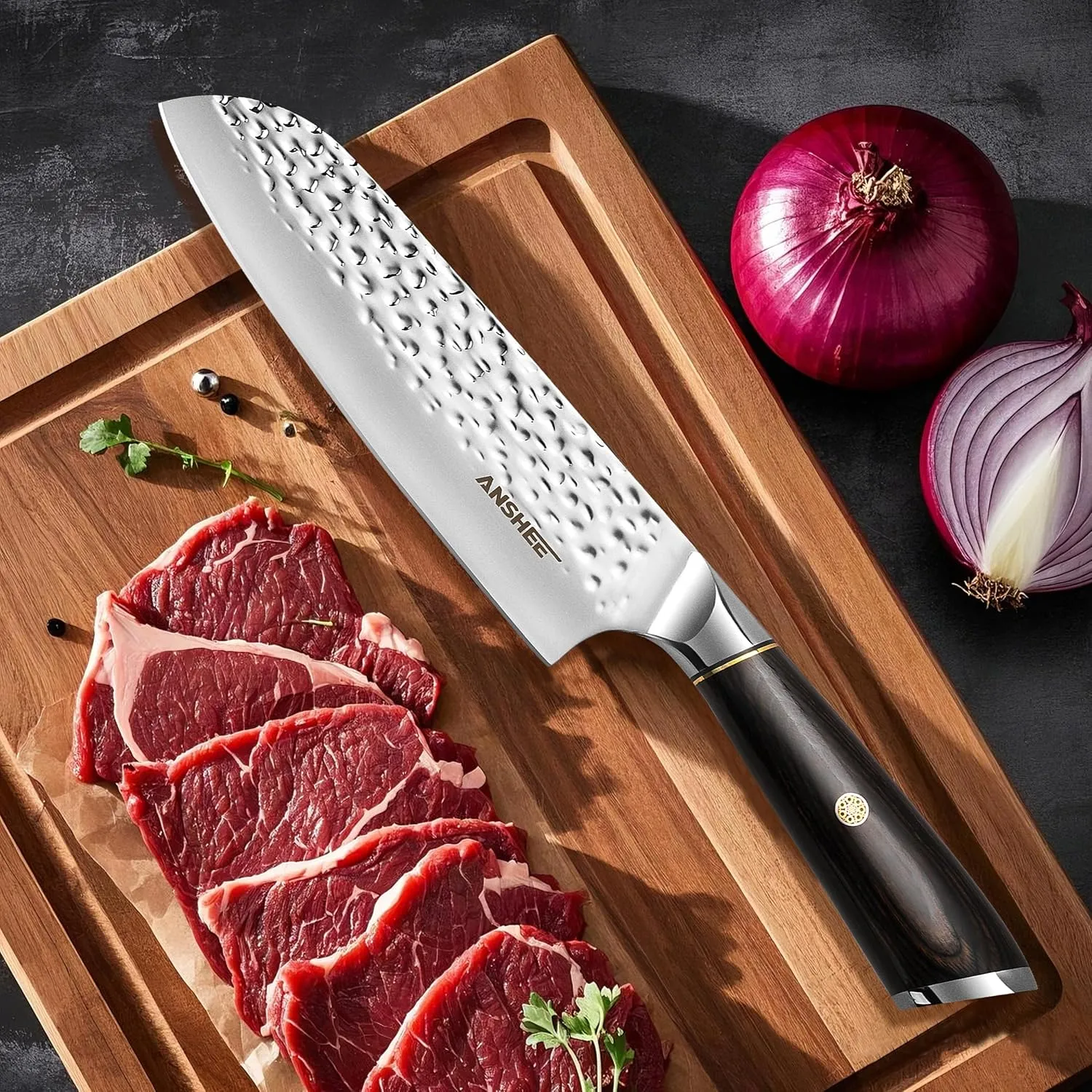 7 Inch Japanese Santoku Knife with Sheath Gift Box - Hammered Finish High-Carbon Stainless Steel Precision Chef Knife with Wood Handle, Multipurpose Kitchen Knife for Slicing Meat, Vegetables, Fruits