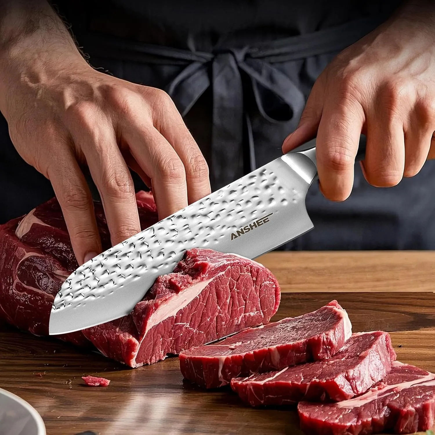 7 Inch Japanese Santoku Knife with Sheath Gift Box - Hammered Finish High-Carbon Stainless Steel Precision Chef Knife with Wood Handle, Multipurpose Kitchen Knife for Slicing Meat, Vegetables, Fruits