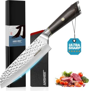 7 Inch Japanese Santoku Knife with Sheath Gift Box - Hammered Finish High-Carbon Stainless Steel Precision Chef Knife with Wood Handle, Multipurpose Kitchen Knife for Slicing Meat, Vegetables, Fruits