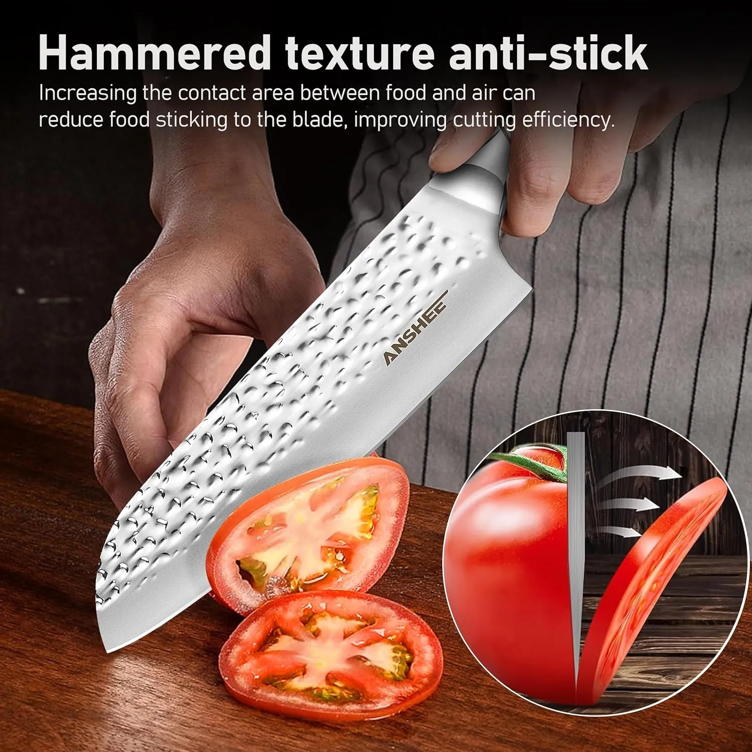 7 Inch Japanese Santoku Knife with Sheath Gift Box - Hammered Finish High-Carbon Stainless Steel Precision Chef Knife with Wood Handle, Multipurpose Kitchen Knife for Slicing Meat, Vegetables, Fruits