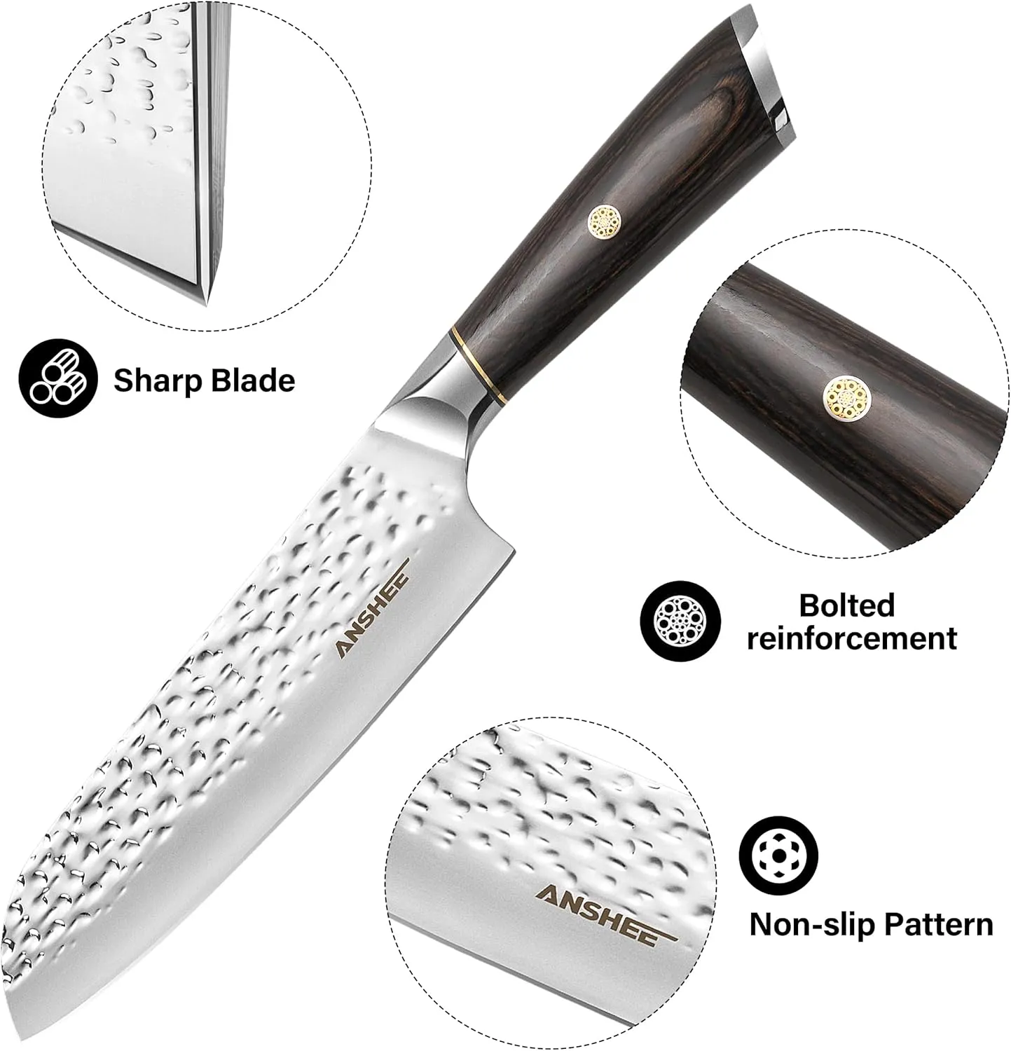 7 Inch Japanese Santoku Knife with Sheath Gift Box - Hammered Finish High-Carbon Stainless Steel Precision Chef Knife with Wood Handle, Multipurpose Kitchen Knife for Slicing Meat, Vegetables, Fruits