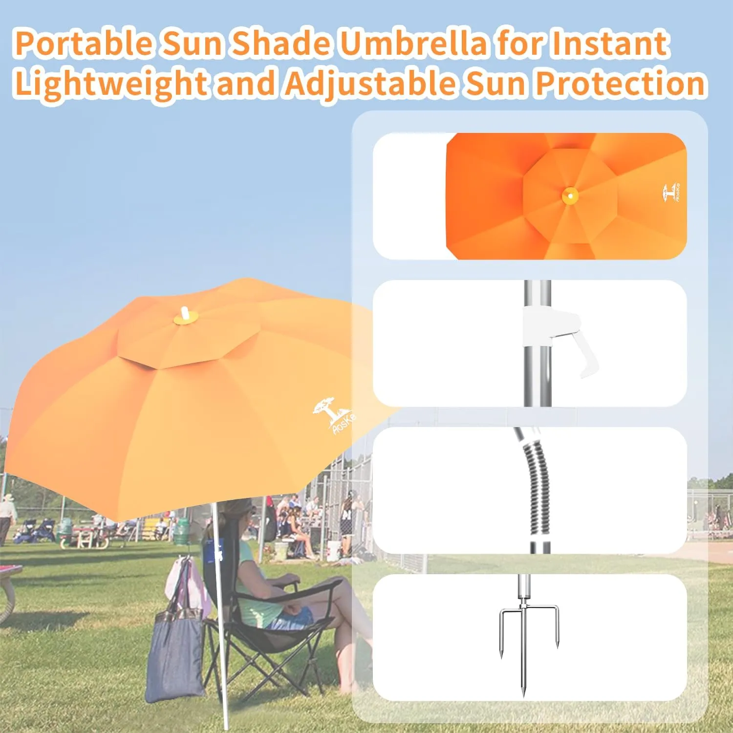 7ft Beach Umbrella, Portable Wind Beach Umbrellas for Sand with Anchor and Carrying Bag, UPF50  UV Protection Outdoor Sunshade Umbrella,Tilt Sun Shelter for Beach Patio Backyard - Orange