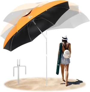 7ft Beach Umbrella, Portable Wind Beach Umbrellas for Sand with Anchor and Carrying Bag, UPF50  UV Protection Outdoor Sunshade Umbrella,Tilt Sun Shelter for Beach Patio Backyard - Orange