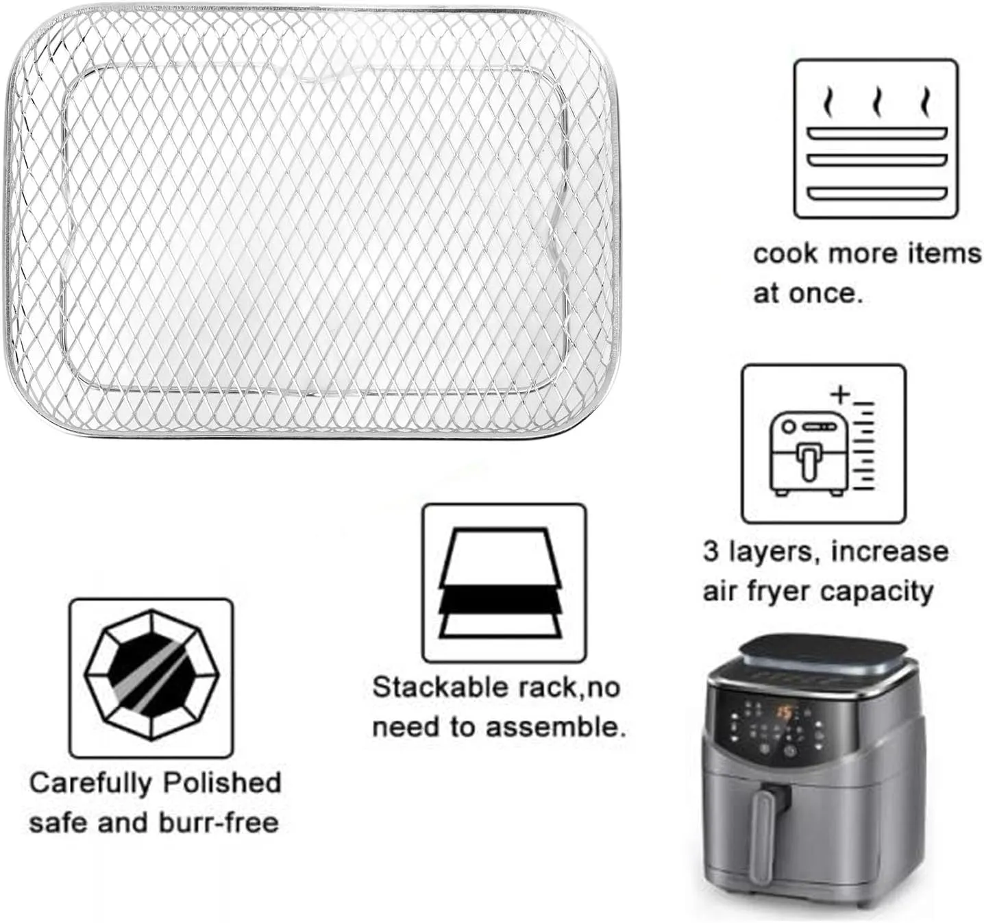8 Inch Square Air Fryer Rack, Stackable Multi Layer Stainless Steel Dehydrator Rack for Cosori, In stant Vortex, Nuw ave, Foodi Grill AG300, AG400 (Rectangular)