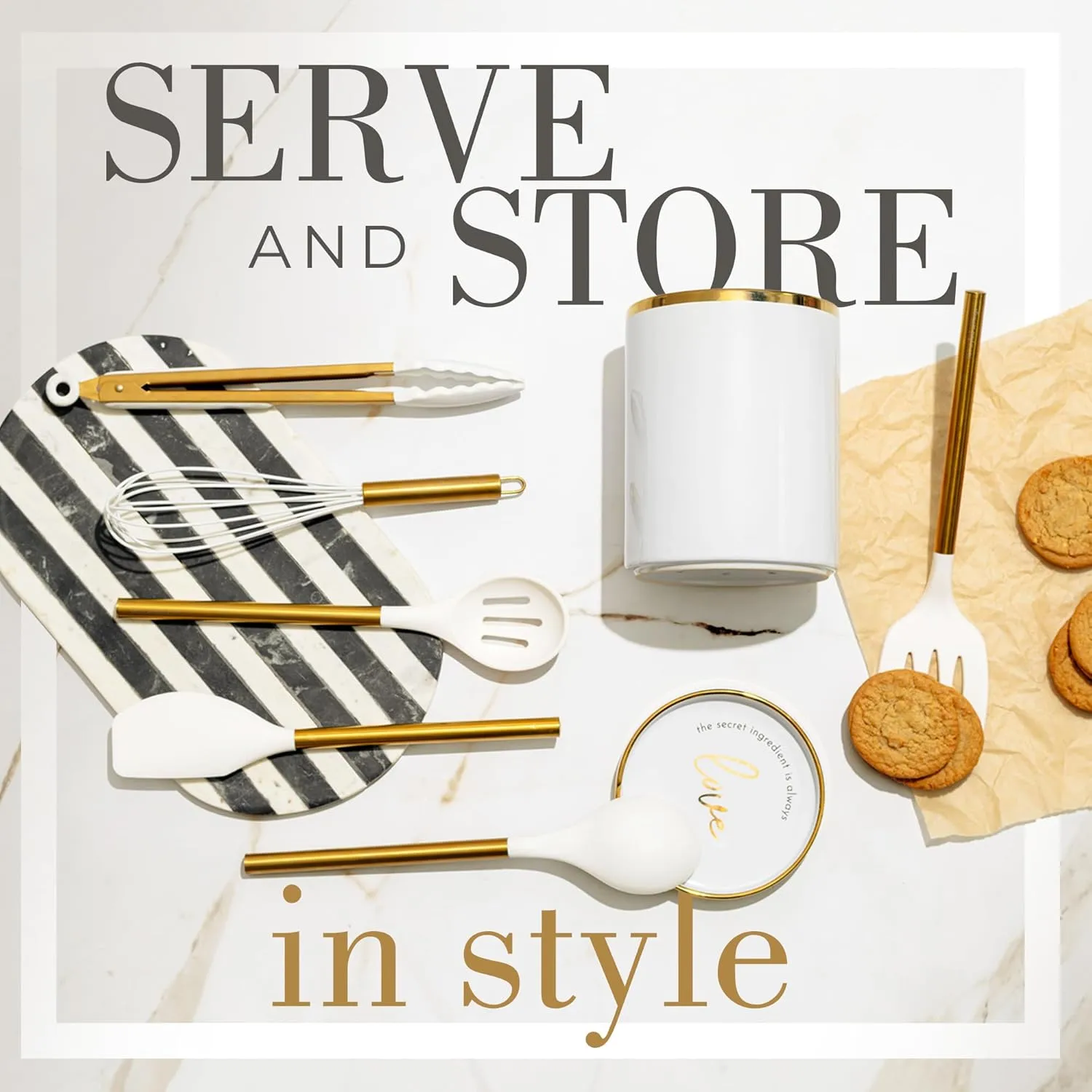 8 Piece White and Gold Kitchen Utensils – White Silicone Cooking Utensils Set, Ceramic Utensil Holder & Stackable Gold Spoon Rest –Nonstick, Non-Toxic, Heat Resistant, Luxury Kitchen Accessories