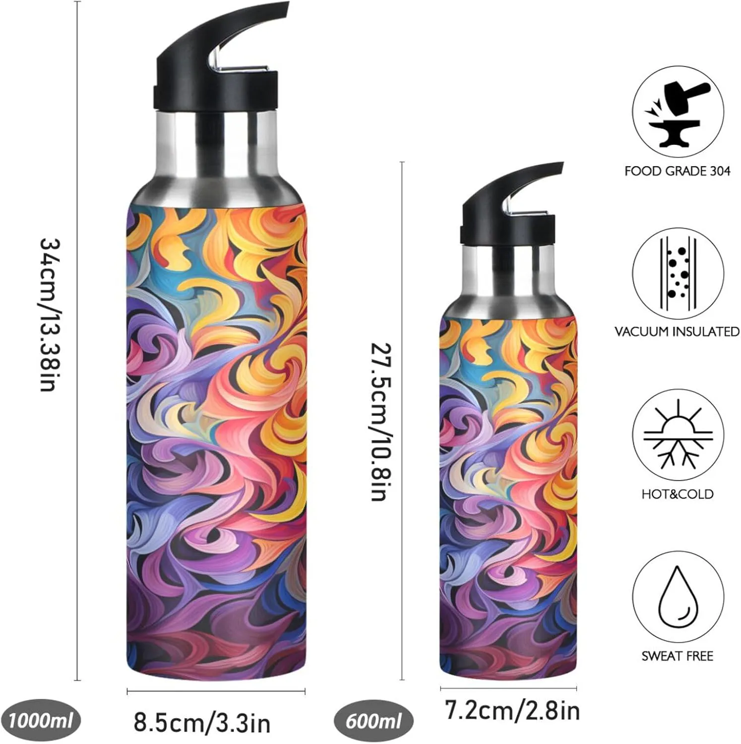 Abstract Wave Art Sport Water Bottle Insulated Stainless Steel Large Vacuum Flask Leak Proof Thermos with Straw for Travel(600ml/1000ml)
