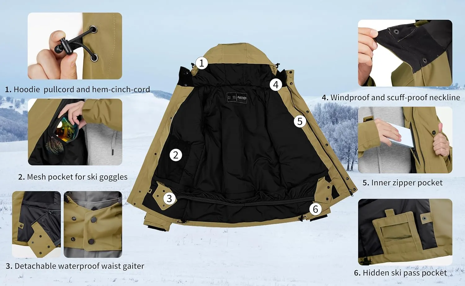 Actleis Men's Waterproof Snowboarding Jacket Winter Warm Windproof Ski Snow Coat With Hood